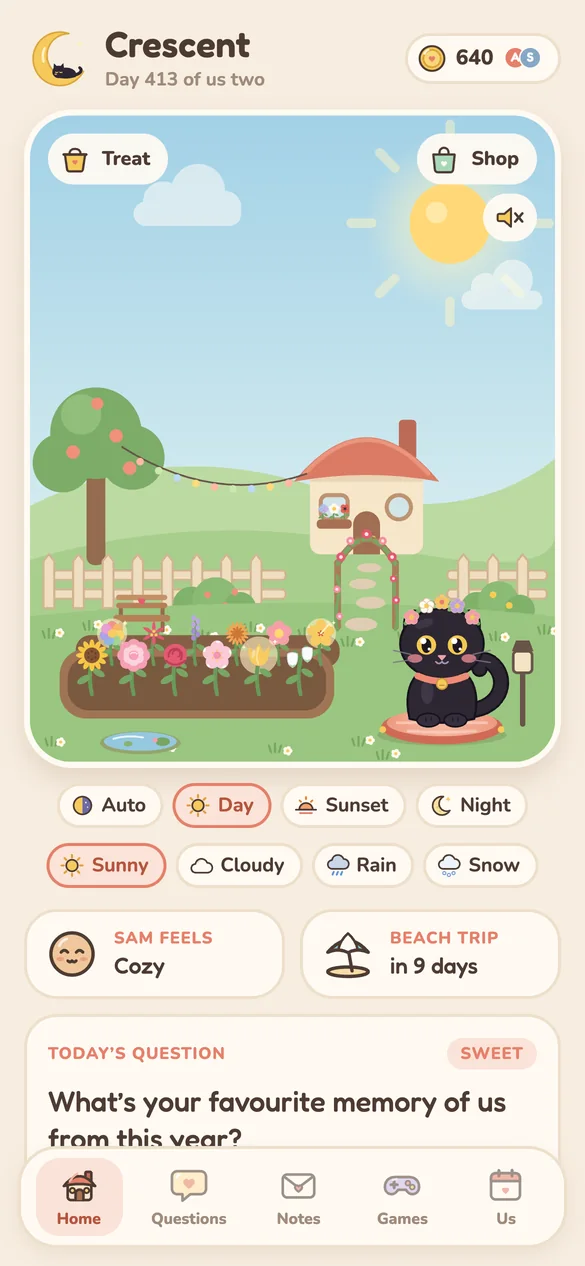 Crescent Home screen: The shared garden with Dio